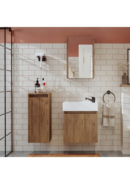 Ayaksız Tek Kapaklı Lavabolu 50 cm Banyo Dolabı ve Aynalı Üst Dolabı ve Boy Dolabı