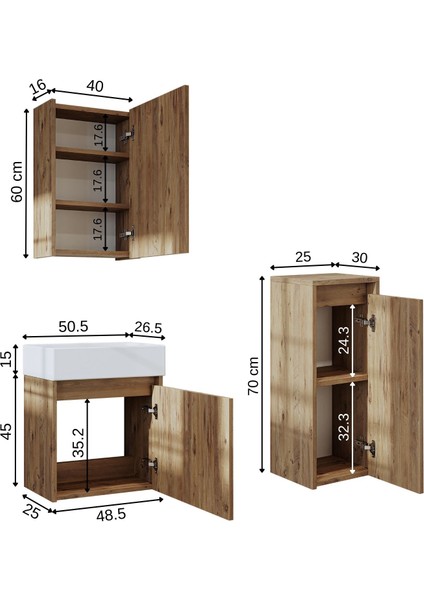 Ayaksız Tek Kapaklı Lavabolu 50 cm Banyo Dolabı ve Aynalı Üst Dolabı ve Boy Dolabı fiyatları