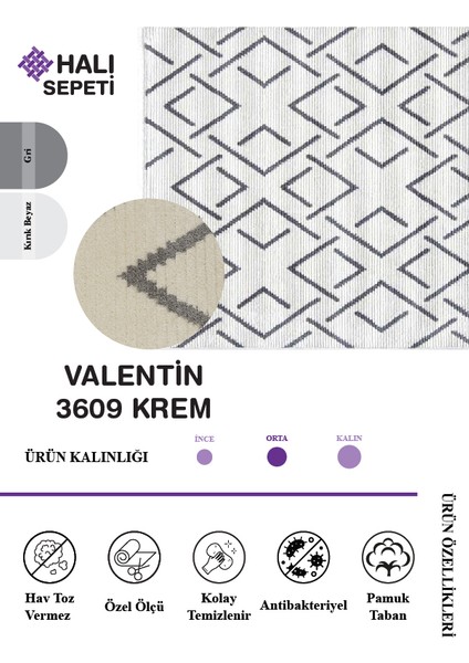 Valentin 3609KREM Yumuşak Dokulu Halı Salon Mutfak Koridor Halısı 80 x 250