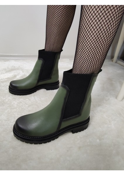 Hervest Gerçek Deri Yanları Lastikli Kadın Kısa Bot(Çğm B9) - Yeşil - 40