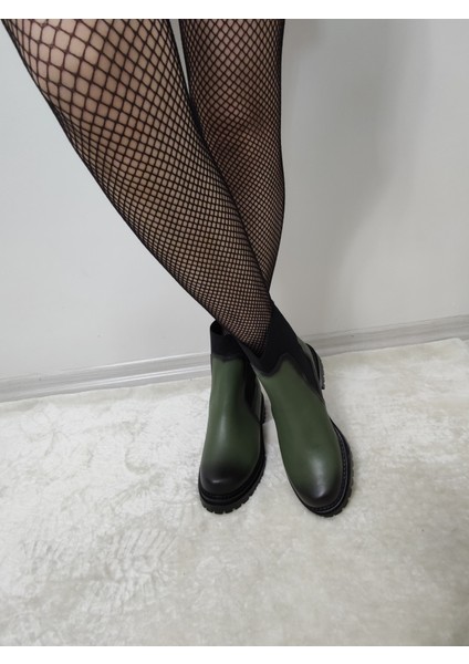 Hervest Gerçek Deri Yanları Lastikli Kadın Kısa Bot(Çğm B9) - Yeşil - 40 modelleri