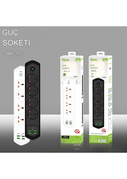 Isıya Dayanıklı Akım Korumalı 3000W Kapasiteli 10 Girişli 4 USB 2 Typ-C 4 Priz Girişli 2 Metre Kablo Uzunluklu Uzatma Gurup Priz