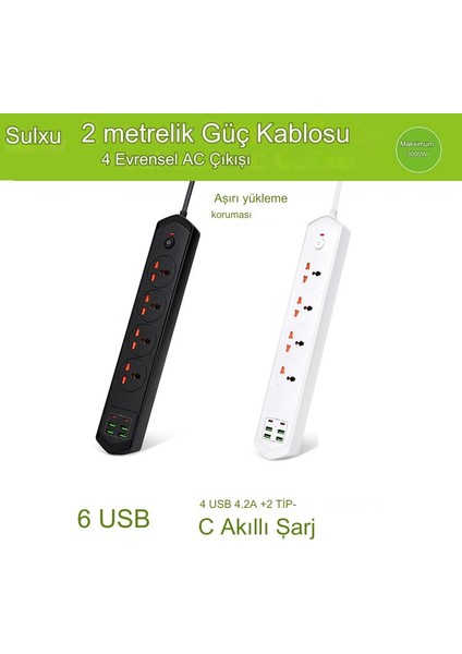 Isıya Dayanıklı Akım Korumalı 3000W Kapasiteli 10 Girişli 4 USB 2 Typ-C 4 Priz Girişli 2 Metre Kablo Uzunluklu Uzatma Gurup Priz