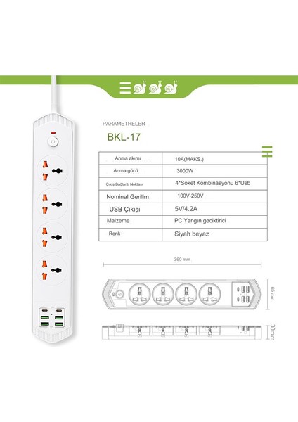 Isıya Dayanıklı Akım Korumalı 3000W Kapasiteli 10 Girişli 4 USB 2 Typ-C 4 Priz Girişli 2 Metre Kablo Uzunluklu Uzatma Gurup Priz