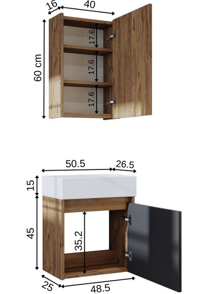 Ayaksız Tek Kapaklı Lavabolu 50 cm Banyo Dolabı ve Aynalı Üst Dolabı