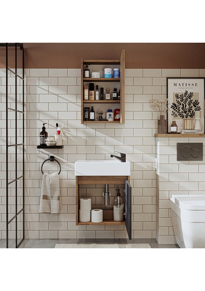 Ayaksız Tek Kapaklı Lavabolu 50 cm Banyo Dolabı ve Aynalı Üst Dolabı