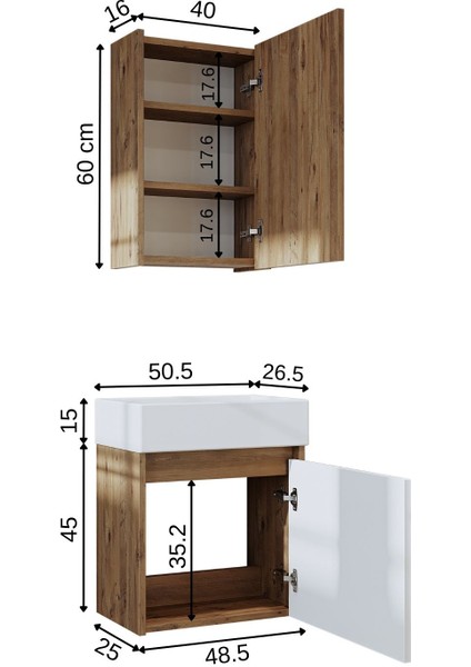 Ayaksız Tek Kapaklı Lavabolu 50 cm Banyo Dolabı ve Aynalı Üst Dolabı