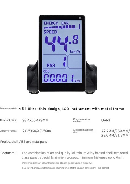 M5 Elektrikli Bisiklet LCD Ekran Ölçer 24V 36V 48V 60V Panel Ekranı (5pın) (Yurt Dışından)