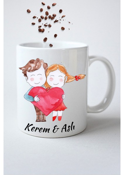 Isimli Kişiye Özel Sevgili Çift Kalp Baskılı Hediye Kupa Bardak Porselen Çay Kahve Fincanı