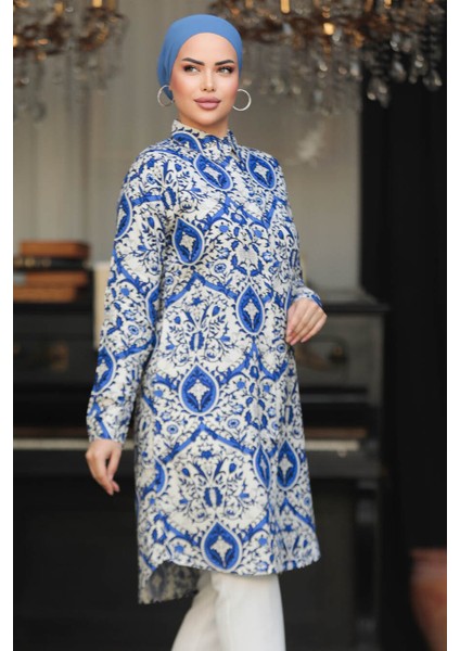 Desenli Indigo Mavisi Tesettür Tunik 25013IM