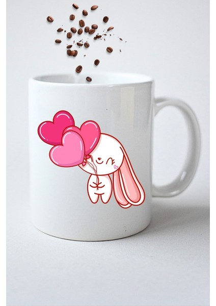 Kalpli Sevimli Tavşan Baskılı Hediye Kupa Bardak Porselen Çay Kahve Fincanı