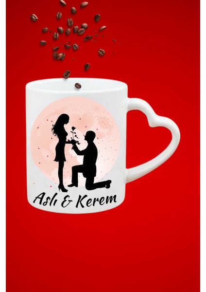 Isimli Kişiye Özel Moonlıght Teklif Baskılı Hediye Kalp Kupa Bardak Porselen Çay Kahve Fincanı