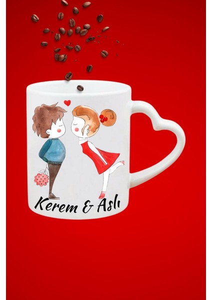 Isimli Kişiye Özel Sevgili Çift Baskılı Hediye Kalp Kupa Bardak Porselen Çay Kahve Fincanı
