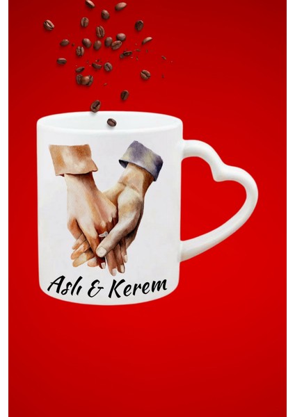 Isimli Kişiye Özel Sevgili Çift El Ele Baskılı Hediye Kalp Kupa Bardak Porselen Çay Kahve Fincanı