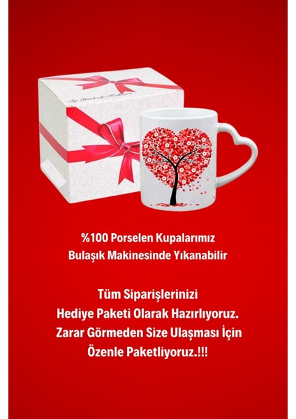 Kalpli Hayat Ağacı Baskılı Hediye Kalp Kupa Bardak Porselen Çay Kahve Fincanı