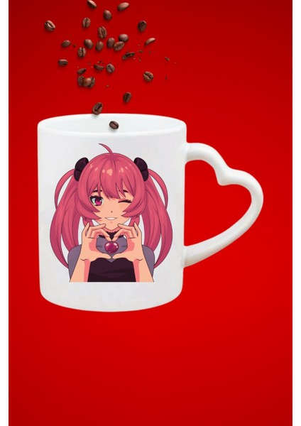 Anime Asi Kız Baskılı Hediye Kalp Kupa Bardak Porselen Çay Kahve Fincanı