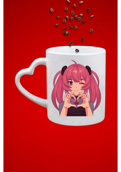 Anime Asi Kız Baskılı Hediye Kalp Kupa Bardak Porselen Çay Kahve Fincanı