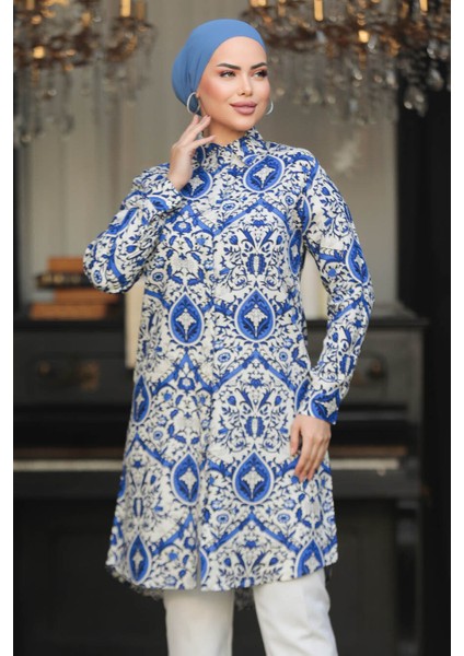 Desenli Indigo Mavisi Tesettür Tunik 25013IM