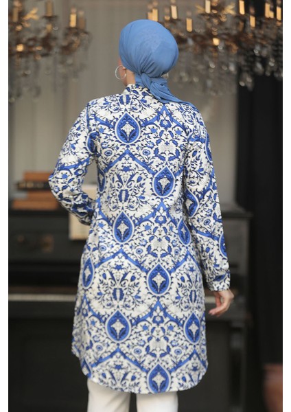 Desenli Indigo Mavisi Tesettür Tunik 25013IM