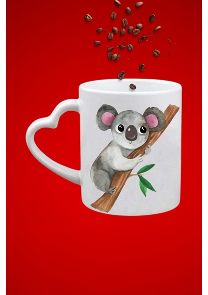 Cute Koala Baskılı Hediye Kalp Kupa Bardak Porselen Çay Kahve Fincanı