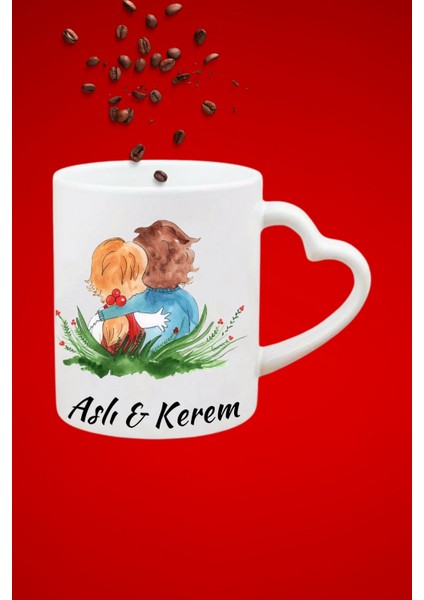 Isimli Kişiye Özel Romantik Sevgili Çift Baskılı Hediye Kalp Kupa Bardak Porselen Çay Kahve Fincanı