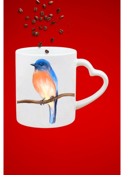 Blue Bird Minik Serçe Baskılı Hediye Kalp Kupa Bardak Porselen Çay Kahve Fincanı
