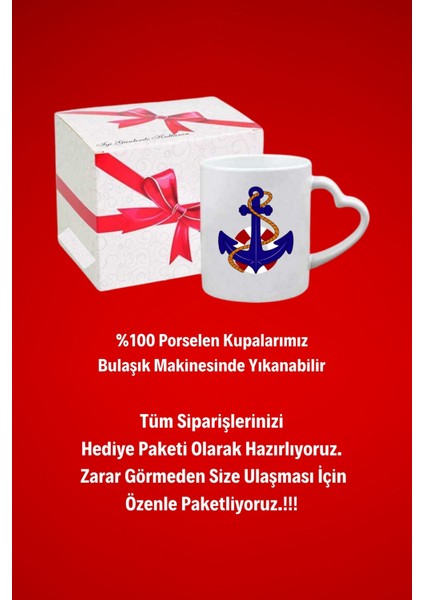Denizci Çipası Baskılı Hediye Kalp Kupa Bardak Porselen Çay Kahve Fincanı