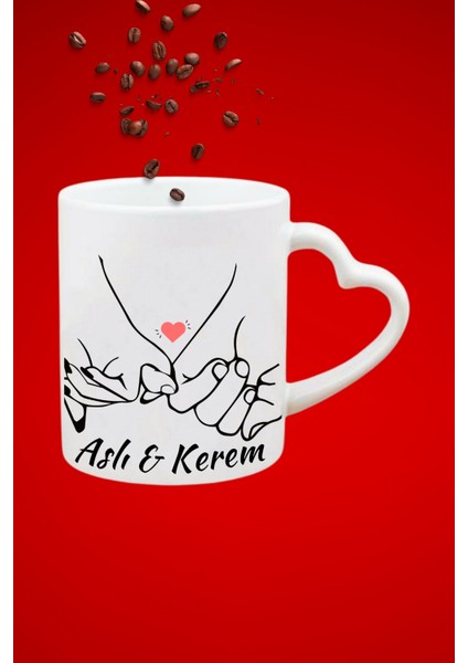 Isimli Kişiye Özel El Ele Kalp Baskılı Hediye Kalp Kupa Bardak Porselen Çay Kahve Fincanı