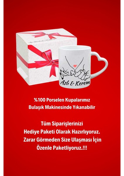 Isimli Kişiye Özel El Ele Kalp Baskılı Hediye Kalp Kupa Bardak Porselen Çay Kahve Fincanı