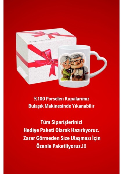 Ömür Boyu Aşk Yaşlı Çift Baskılı Hediye Kalp Kupa Bardak Porselen Çay Kahve Fincanı