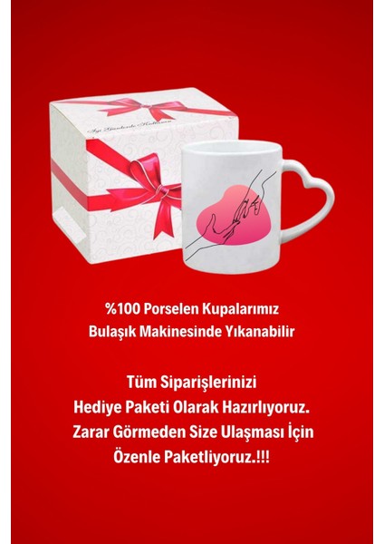 El Ele Kalp 2 Baskılı Hediye Kalp Kupa Bardak Porselen Çay Kahve Fincanı