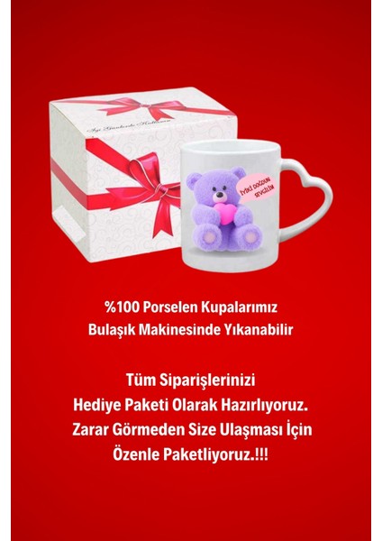 Doğum Günü Ayıcık Baskılı Sevgiliye Hediye Kalp Kupa Bardak Porselen Çay Kahve Fincanı