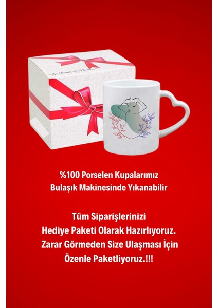 Modern Kadın Siluet 3 Baskılı Hediye Kalp Kupa Bardak Porselen Çay Kahve Fincanı
