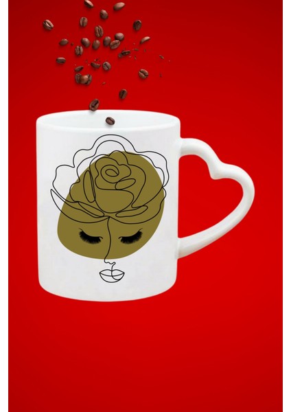 Gül Taçlı Kadın Siluet Baskılı Hediye Kalp Kupa Bardak Porselen Çay Kahve Fincanı