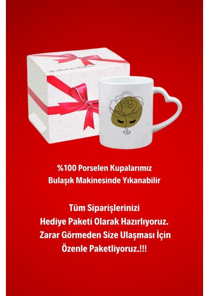 Gül Taçlı Kadın Siluet Baskılı Hediye Kalp Kupa Bardak Porselen Çay Kahve Fincanı modelleri