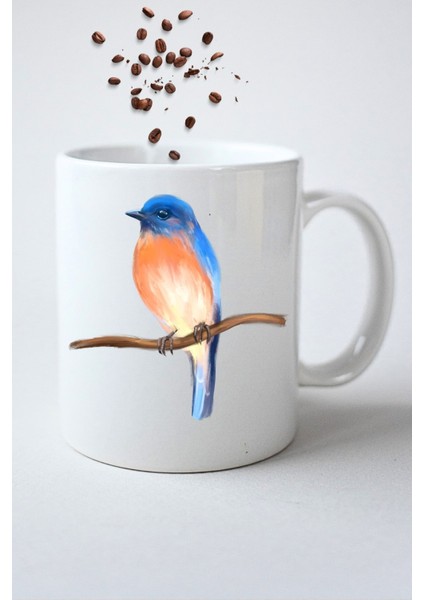 Blue Bird Minik Serçe Baskılı Hediye Kupa Bardak Porselen Çay Kahve Fincanı