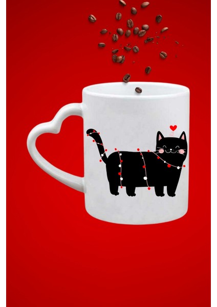 Cute Cat Kedi Baskılı Hediye Kalp Kupa Bardak Porselen Çay Kahve Fincanı