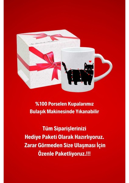 Cute Cat Kedi Baskılı Hediye Kalp Kupa Bardak Porselen Çay Kahve Fincanı