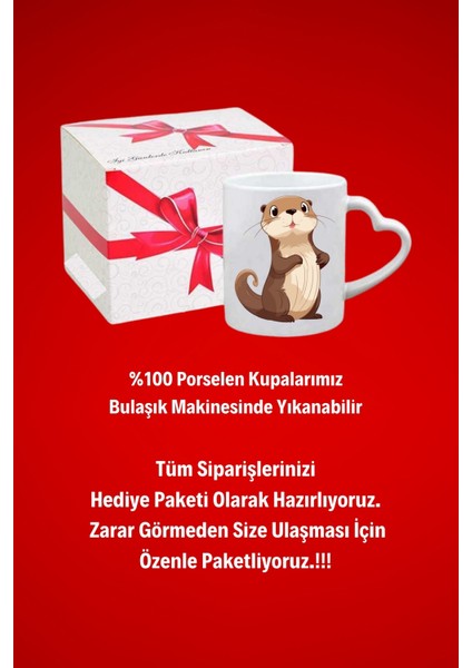 Sevimli Su Samuru Baskılı Hediye Kalp Kupa Bardak Porselen Çay Kahve Fincanı