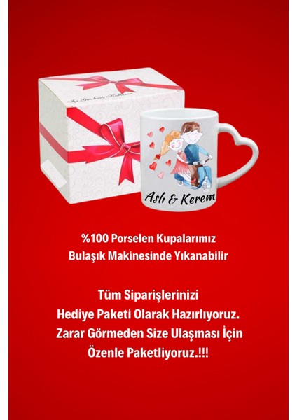 Isimli Kişiye Özel Sevgili Çift Motoda Baskılı Hediye Kalp Kupa Bardak Porselen Çay Kahve Fincanı modelleri