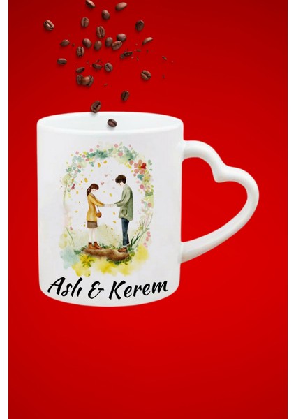 Isimli Kişiye Özel Sevgili Çift Buluşma Baskılı Hediye Kalp Kupa Bardak Porselen Çay Kahve Fincanı