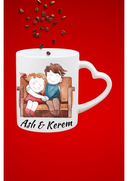 Isimli Kişiye Özel Sevgili Çift Romantik Baskılı Hediye Kalp Kupa Bardak Porselen Çay Kahve Fincanı