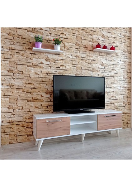 ( Ms 70 ) Mdf Tv Ünitesi Dolabı,raflı,beyaz-Ceviz