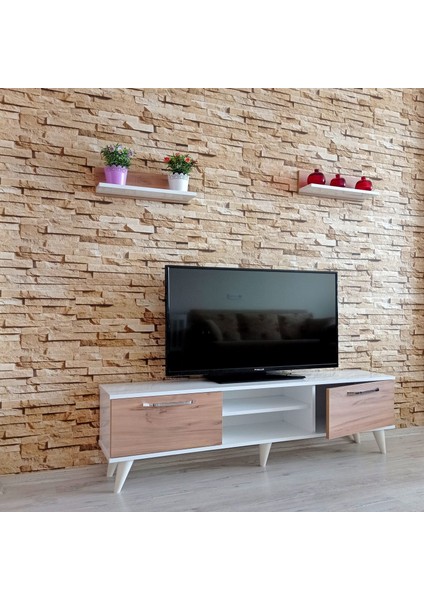 ( Ms 70 ) Mdf Tv Ünitesi Dolabı,raflı,beyaz-Ceviz