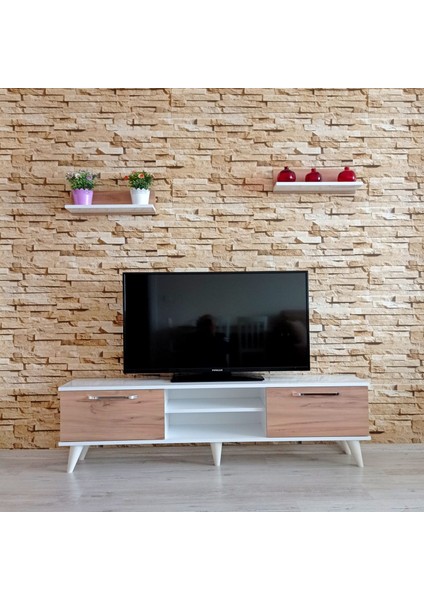 ( Ms 70 ) Mdf Tv Ünitesi Dolabı,raflı,beyaz-Ceviz