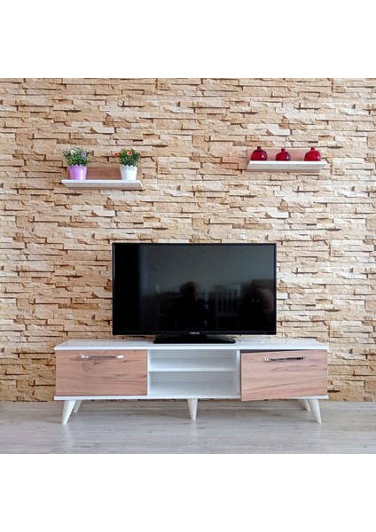 ( Ms 70 ) Mdf Tv Ünitesi Dolabı,raflı,beyaz-Ceviz