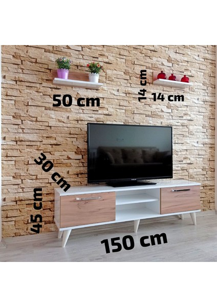 ( Ms 70 ) Mdf Tv Ünitesi Dolabı,raflı,beyaz-Ceviz