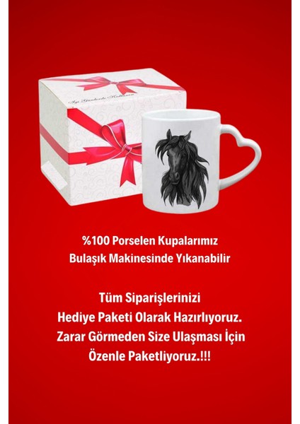 At Desenli Kara Kalem Baskılı Hediye Kalp Kupa Bardak Porselen Çay Kahve Fincanı modelleri
