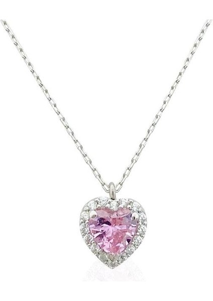 925 Ayar Gümüş Pembe Zirkon Taşlı Kalp Kolye