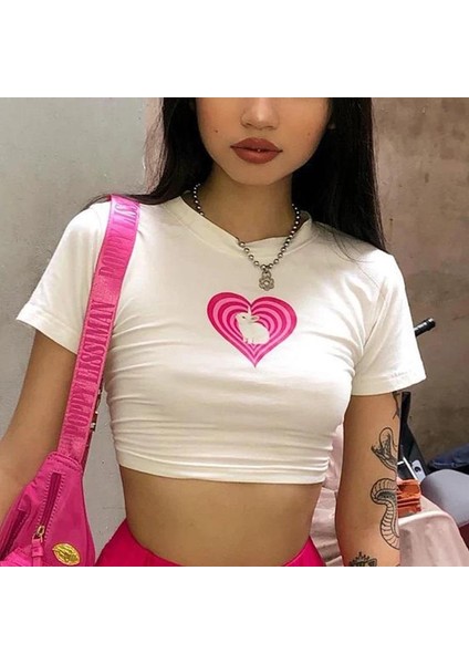 Y2K Love Bunny Baskılı Beyaz Crop modelleri
